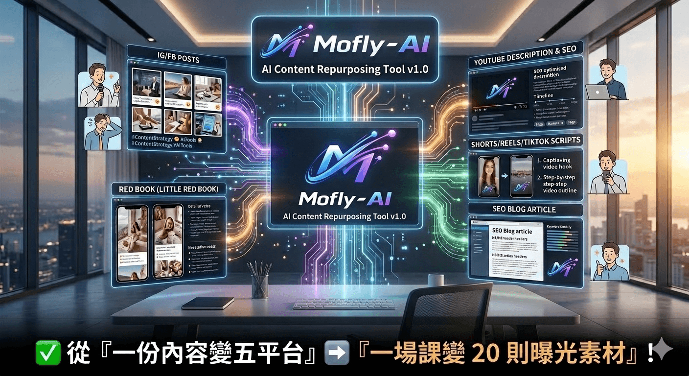 Mofly AI 將一份內容重塑成多平台文案的產品形象展示圖