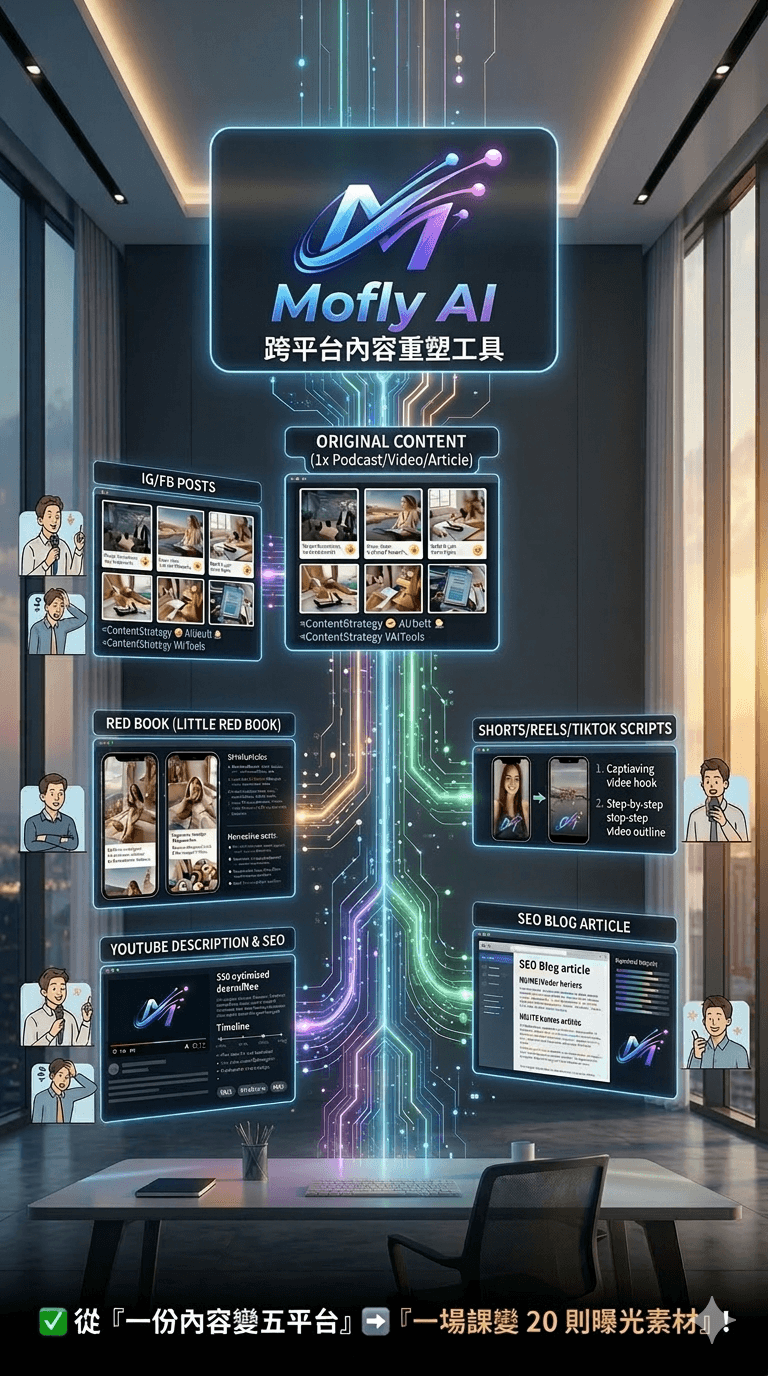 Mofly AI 將一份內容延伸為 IG、YouTube、SEO Blog 與 Podcast 等多平台內容的品牌主視覺